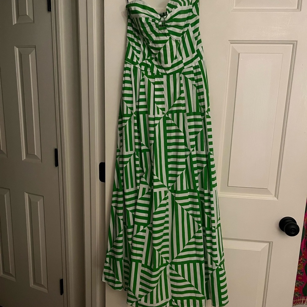 Anthropologie Strapless Dress in Green and White Geometric Pattern